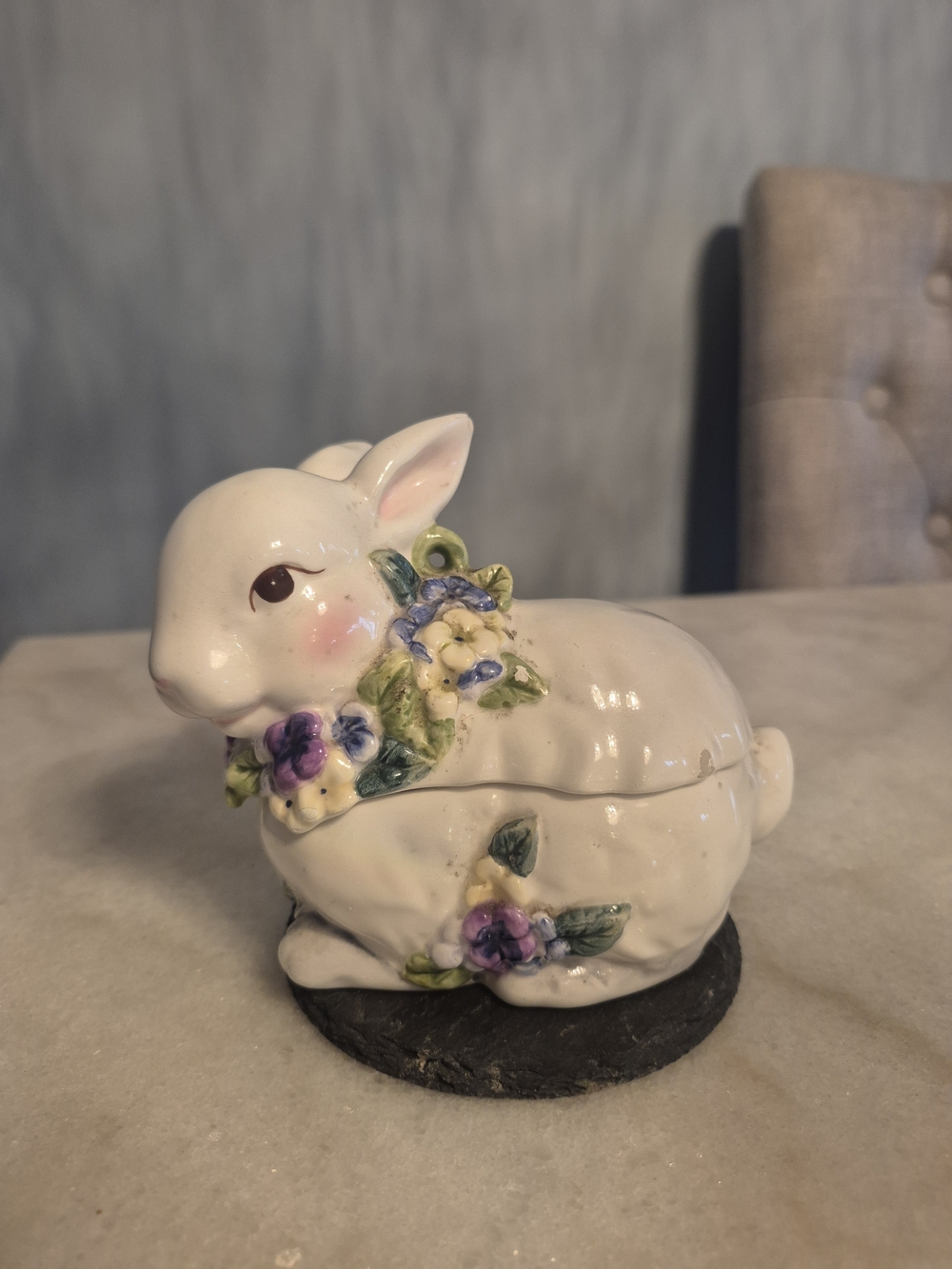 White Ceramic Bunny Trinket Box with Purple and Yellow Floral Accents